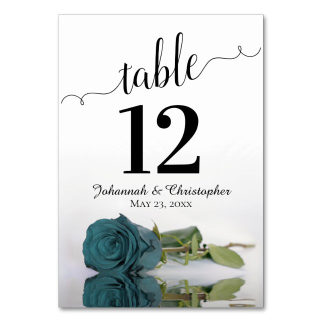 Reflecting Teal Rose Elegant Wedding Table Number (Front)