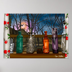 Reflection Colourful Glass Vases in Window Sill Poster