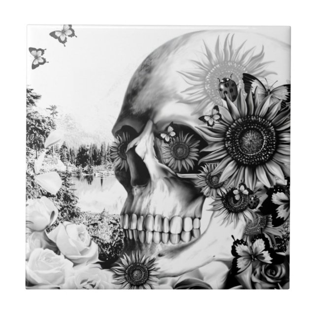 Reflection. Floral landscape skull. Tile (Front)