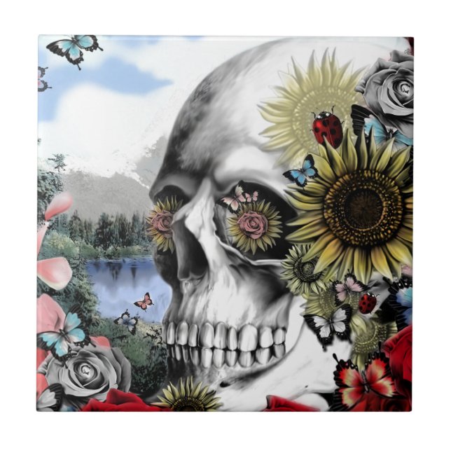 Reflection. Floral landscape skull. Tile (Front)