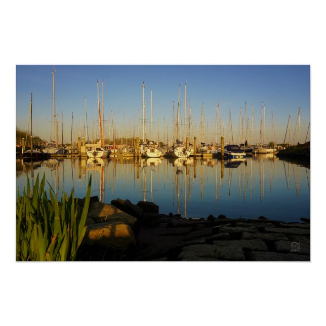 Reflection of boats in a harbor. poster (Front)
