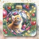 Reflection of Kitten in a Christmas Ornament   Square Sticker<br><div class="desc">Christmas stickers or envelope seals.  A cute watercolor style ai illustration of a kitten's reflection inside a Christmas ornament.</div>