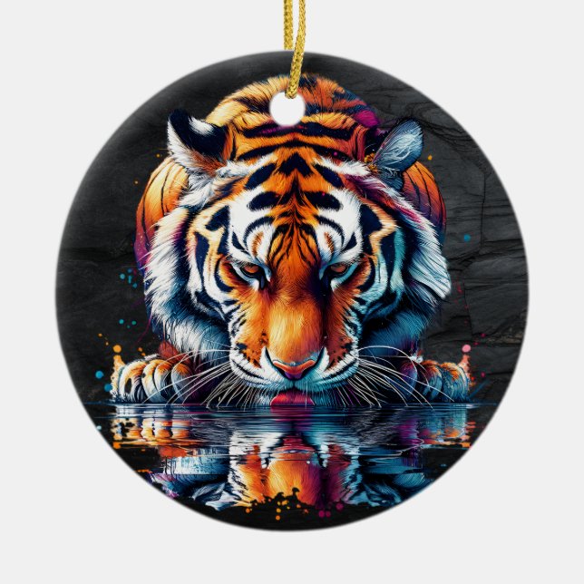 Reflection of Tiger Drinking Water  Ceramic Tree Decoration (Front)