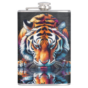 Reflection of Tiger Drinking Water Hip Flask