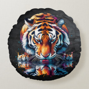 Reflection of Tiger Drinking Water  Round Cushion