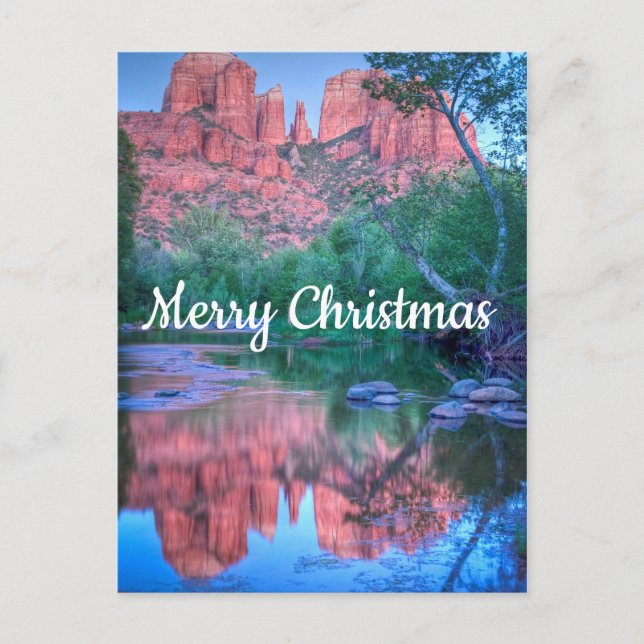 Reflections of Cathedral rock, Merry Christmas Postcard (Front)