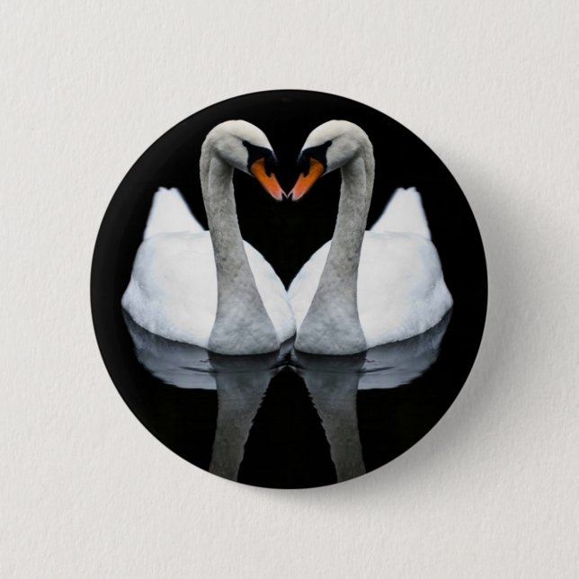 Reflections of Love, Heart Shape, White Swans 6 Cm Round Badge (Front)