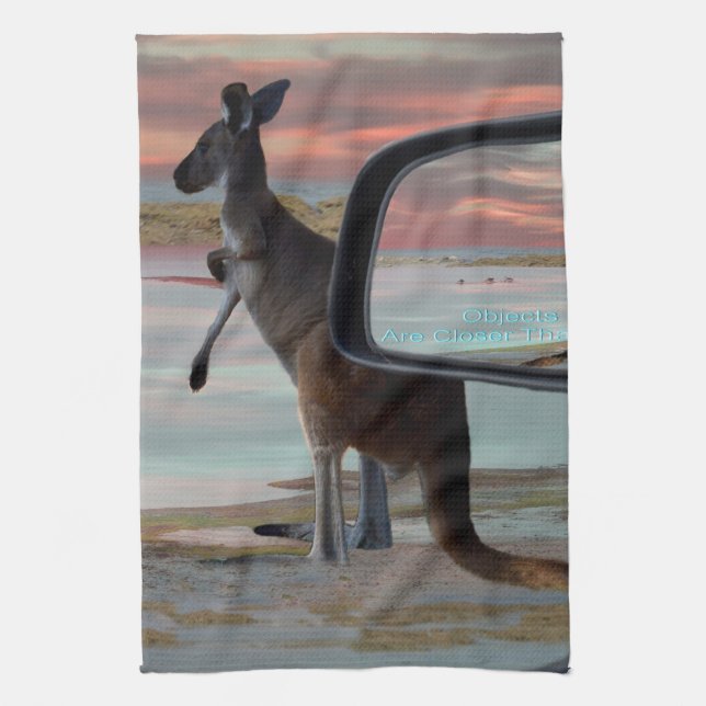 "Reflections of the Wild: A Kangaroo on the Beach  Tea Towel (Vertical)