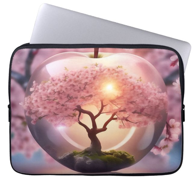 "Reflective Beauty: Glass Apple With Blossom Tree Laptop Sleeve (Front)
