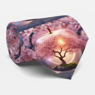 "Reflective Beauty: Glass Apple With Blossom Tree Tie