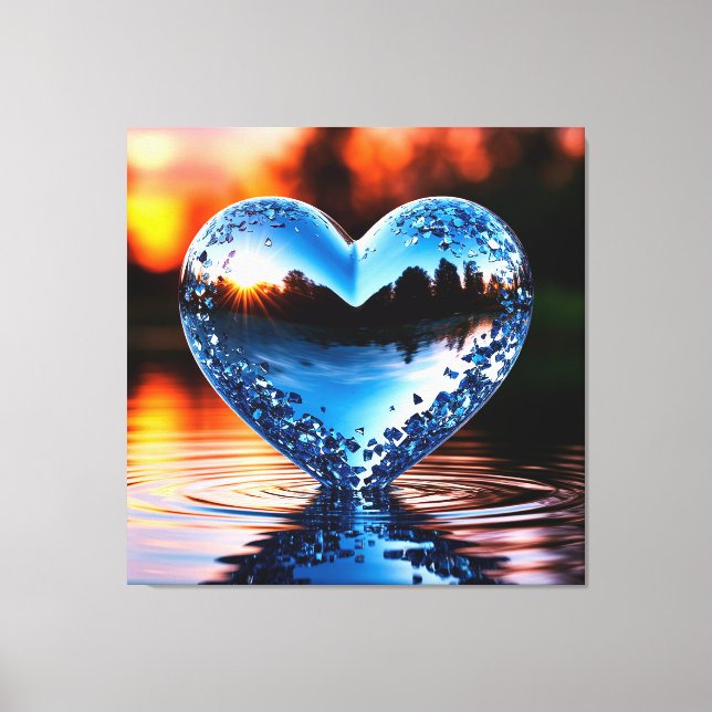 Reflective Blue Heart in Water at Sunset  Canvas Print (Front)