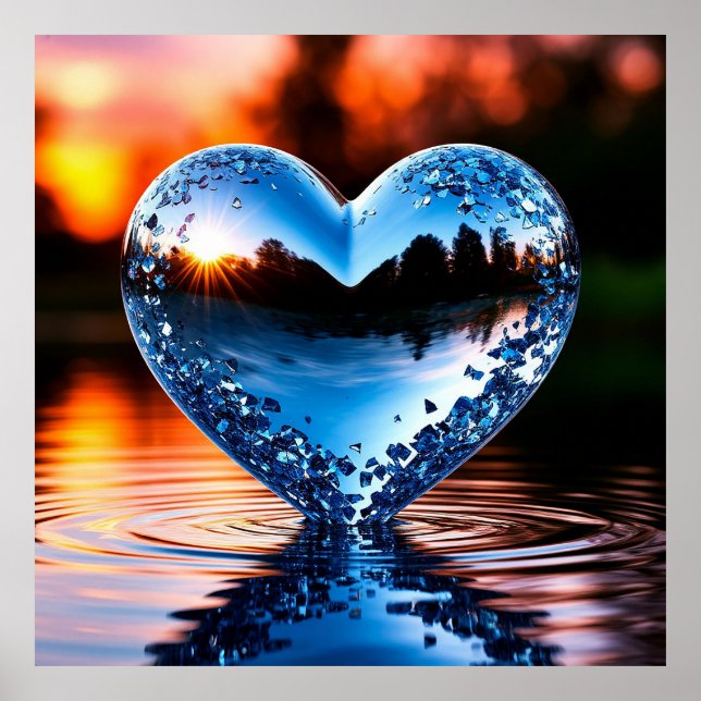 Reflective Blue Heart in Water at Sunset  Poster (Front)