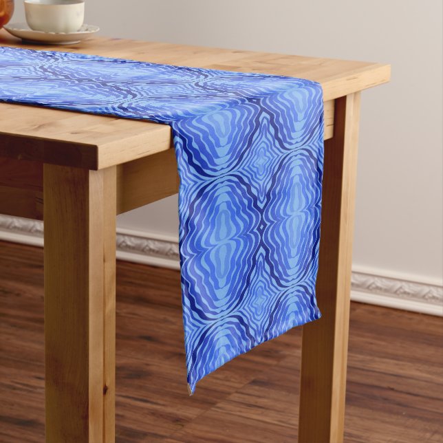 Reflective Blue Waves Modern Abstract Design Art Short Table Runner (In Situ)