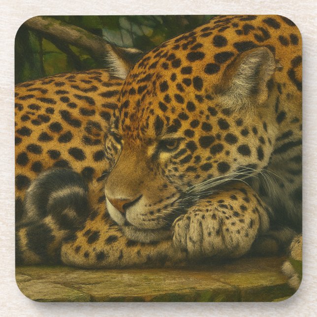 Reflective Jaguar – Serene Wildlife Art Print Coaster (Front)