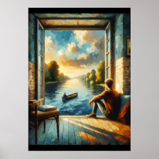 Reflective Solitude: Man Contemplating at Sunset  Poster