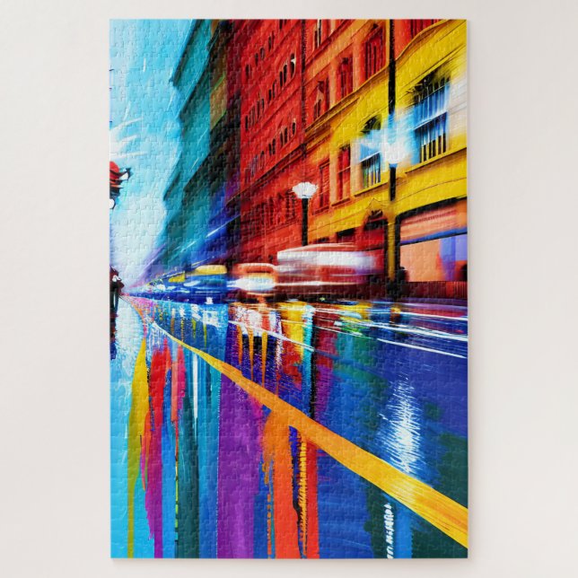 Reflective Traffic on Busy Rainy City Streets Jigsaw Puzzle (Vertical)