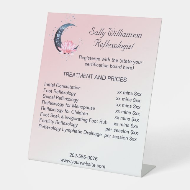 Reflexology Pink Lotus Flower Business Price List Pedestal Sign (Front)