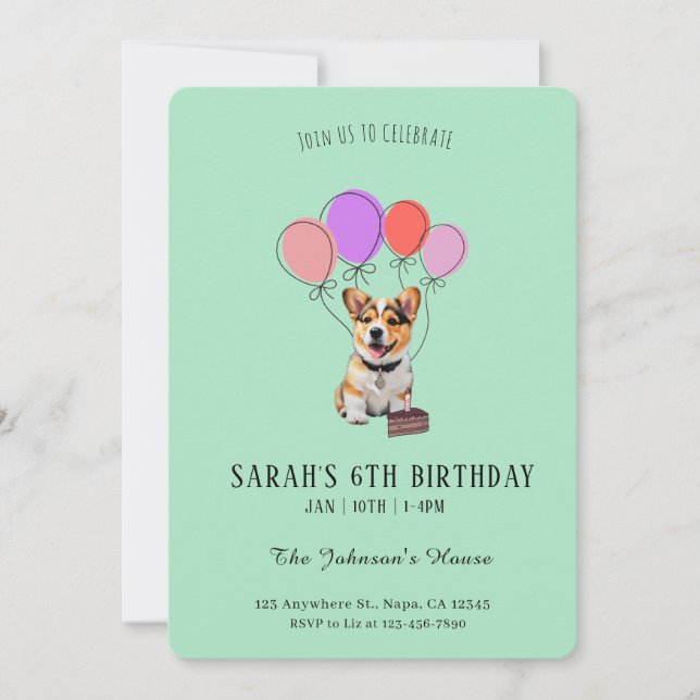 Refreshing Soft Mint Corgi Birthday Customisable  Invitation (Front)