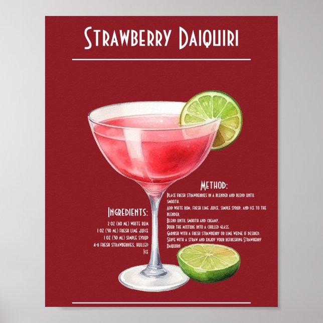 Refreshing Strawberry Daiquiri Recipe Bar Poster (Front)