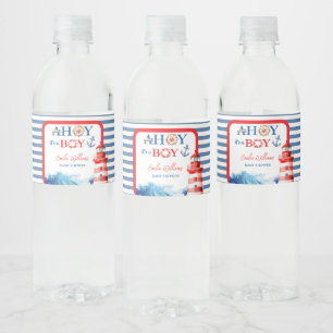 Refreshing Striped Blue Red Nautical Ahoy Boy Water Bottle Label