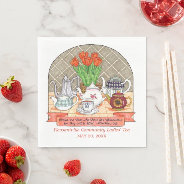 Refreshing Teapots and Tulips Coral Tea Party Napkin (Insitu)