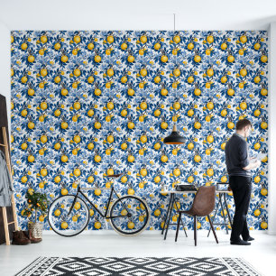 Refreshing Yellow Lemon Blue Leaves Peel & Stick Wallpaper