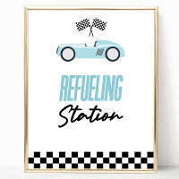 Refueling Station Blue Race Car Drink Table Sign