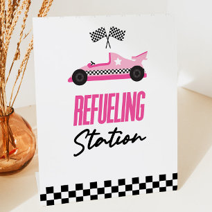 Refueling Station Pink Race Car Drink Table Pedestal Sign