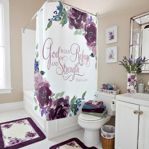 Refuge and strength purple floral  shower curtain