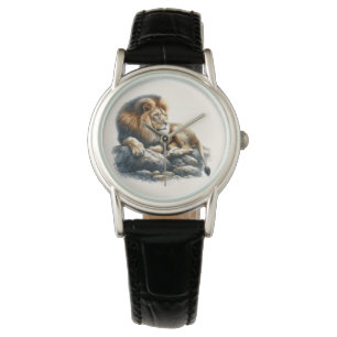 Regal African Lion Resting on a Rock - Watercolor Watch