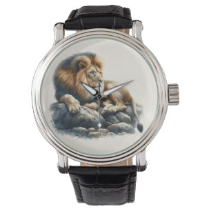 Regal African Lion Resting on a Rock - Watercolor  Watch