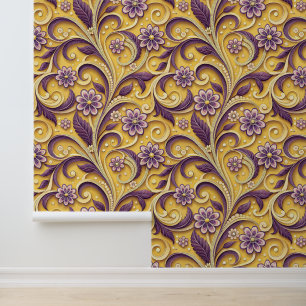 Regal Baroque Floral Vintage Pattern Plum Gold Wallpaper