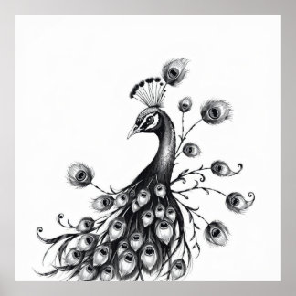 Regal Beauty: Peacock Charcoal Art Poster