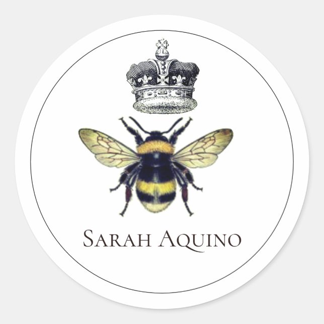 Regal Bee And Crown Custom Name Classic Round Sticker (Front)