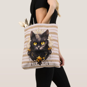 Regal Black Cat Gold Striped Halloween Tote Bag