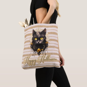 Regal Black Cat Gold Striped Happy Halloween Tote Bag