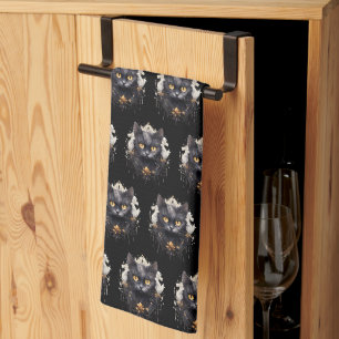 Regal Black Cat Rhinestones Pattern Halloween Tea Towel
