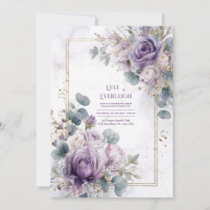 Regal Bloom Lavender and Gold Marble Wedding Invitation
