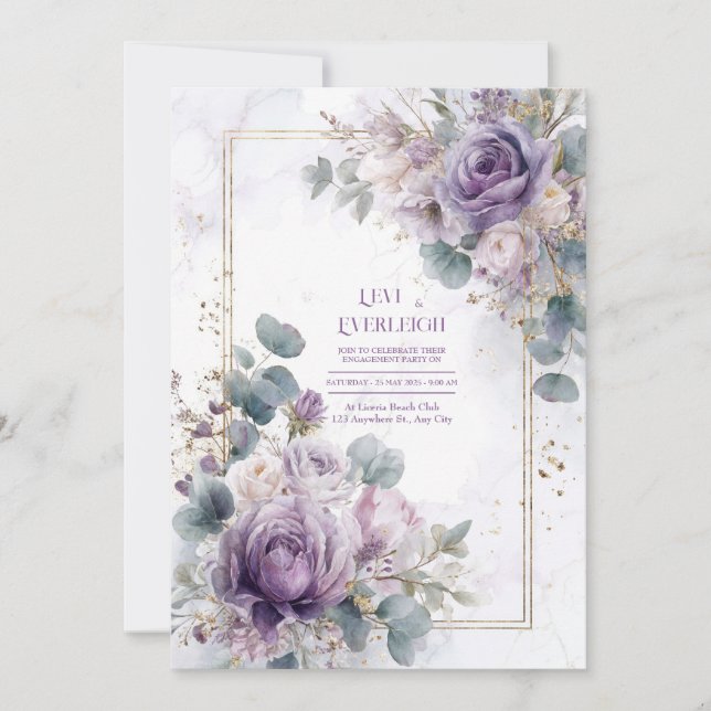 Regal Bloom Lavender and Gold Marble Wedding Invitation (Front)