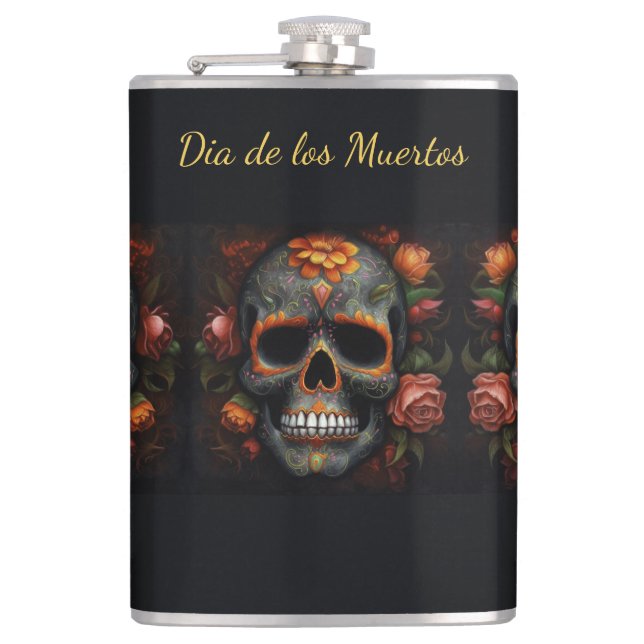 Regal Bloom Sugar Skull, custom Hip Flask (Front)