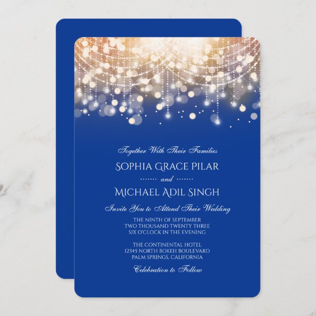 Regal Blue and Gold Bokeh Lights Invitation (Front/Back)
