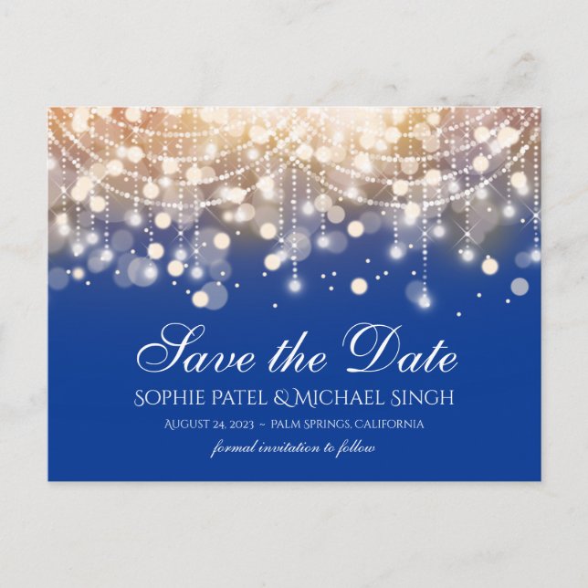 Regal Blue and Gold Bokeh Lights Postcard (Front)