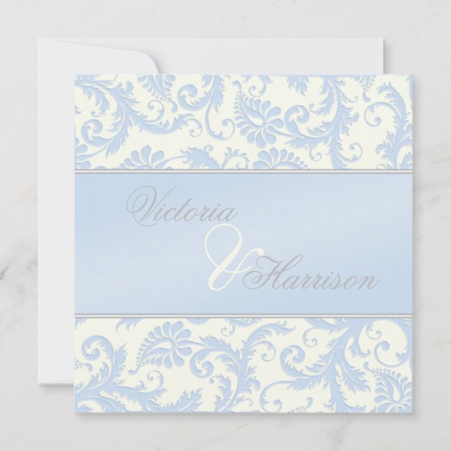 Regal Blue and Ivory Damask Wedding Invitation (Front)