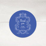 Regal Blue | Vintage Baroque Frame Wedding Classic Round Sticker<br><div class="desc">These elegant and luxe wedding stickers feature a vintage line art frame with ornate baroque style. The design is white on a blue background. Modern script calligraphy that says "thank you",  and classic text with your names,  make this a classy yet up-to-date contemporary choice for your wedding.</div>