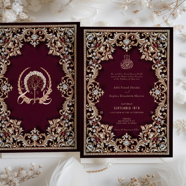 Regal Burgundy Antique Gold Jewels Islamic Wedding Invitation (Creator Uploaded)