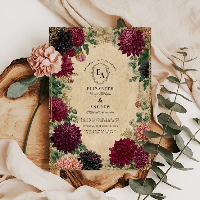 Regal Burgundy Dahlias with Ornate Gold Frame Invitation (Creator Uploaded)