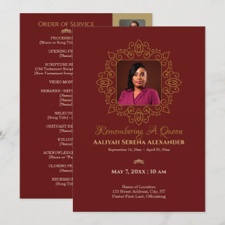Regal Burgundy & Gold Queen Photo Memorial Program Invitation