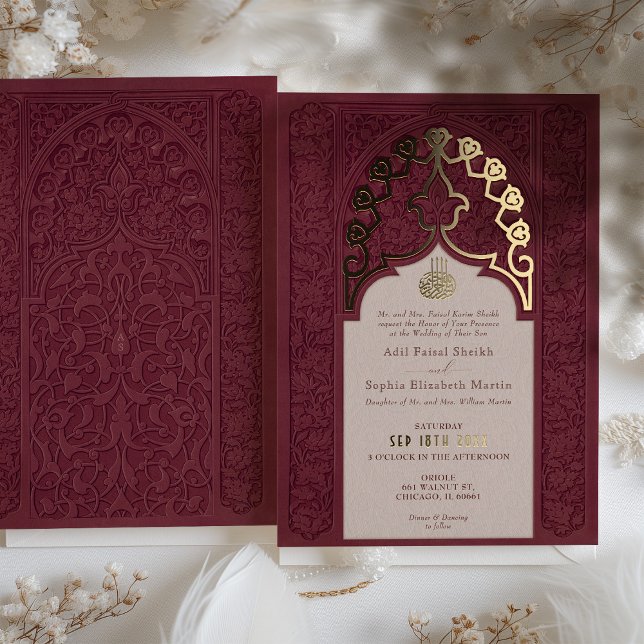 Regal Burgundy Lace Islamic Wedding Invitation (Creator Uploaded)