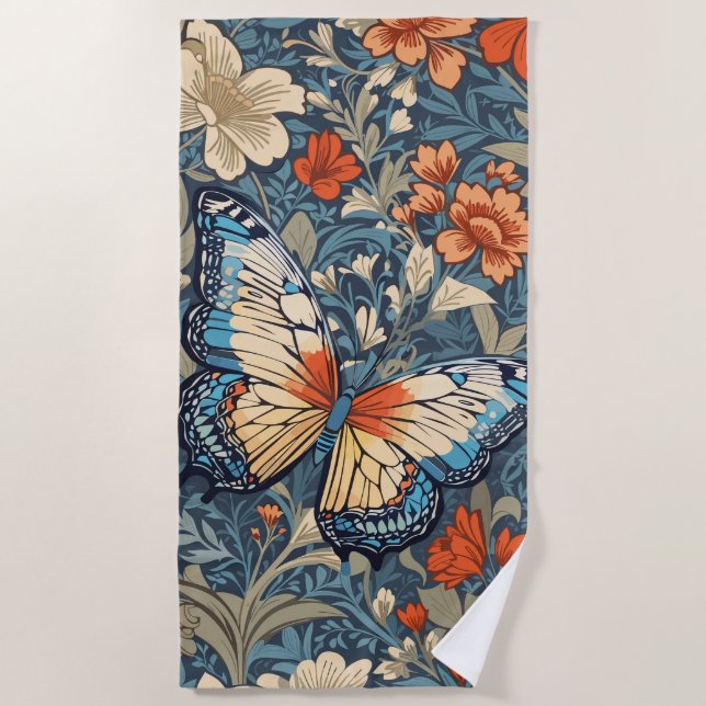 Regal Butterfly Amidst William Morris Floral Beach Towel (Front)