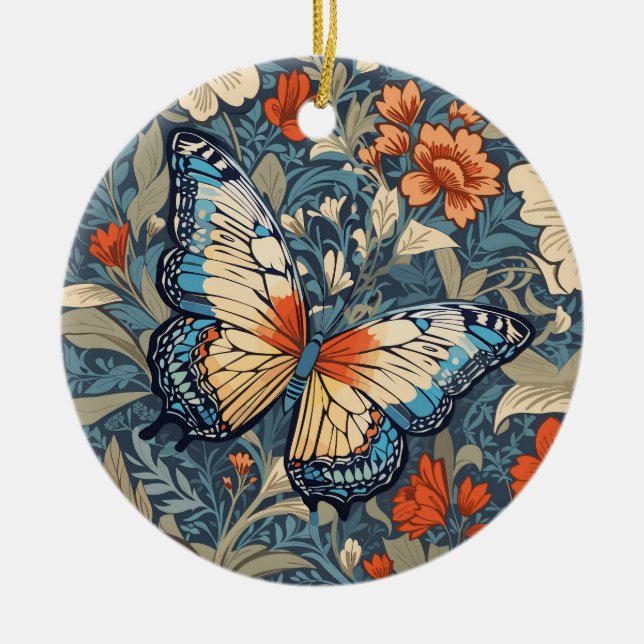 Regal Butterfly Amidst William Morris Floral Ceramic Tree Decoration (Front)